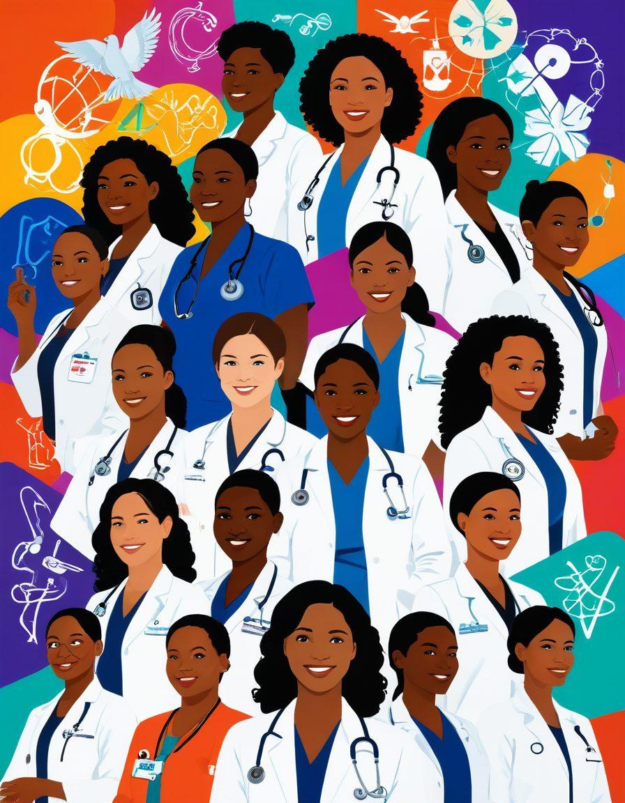A collage of diverse female physicians in dynamic healthcare settings, showcasing their empowerment and achievements. Each physician, dressed in white coats, exudes confidence while interacting with patients and colleagues. The backdrop features medical symbols like stethoscopes and healthcare technology, blending with elements of community support and compassion. Bright, uplifting colors enhance the inspirational theme of their journeys. vibrant colors. modern illustration.