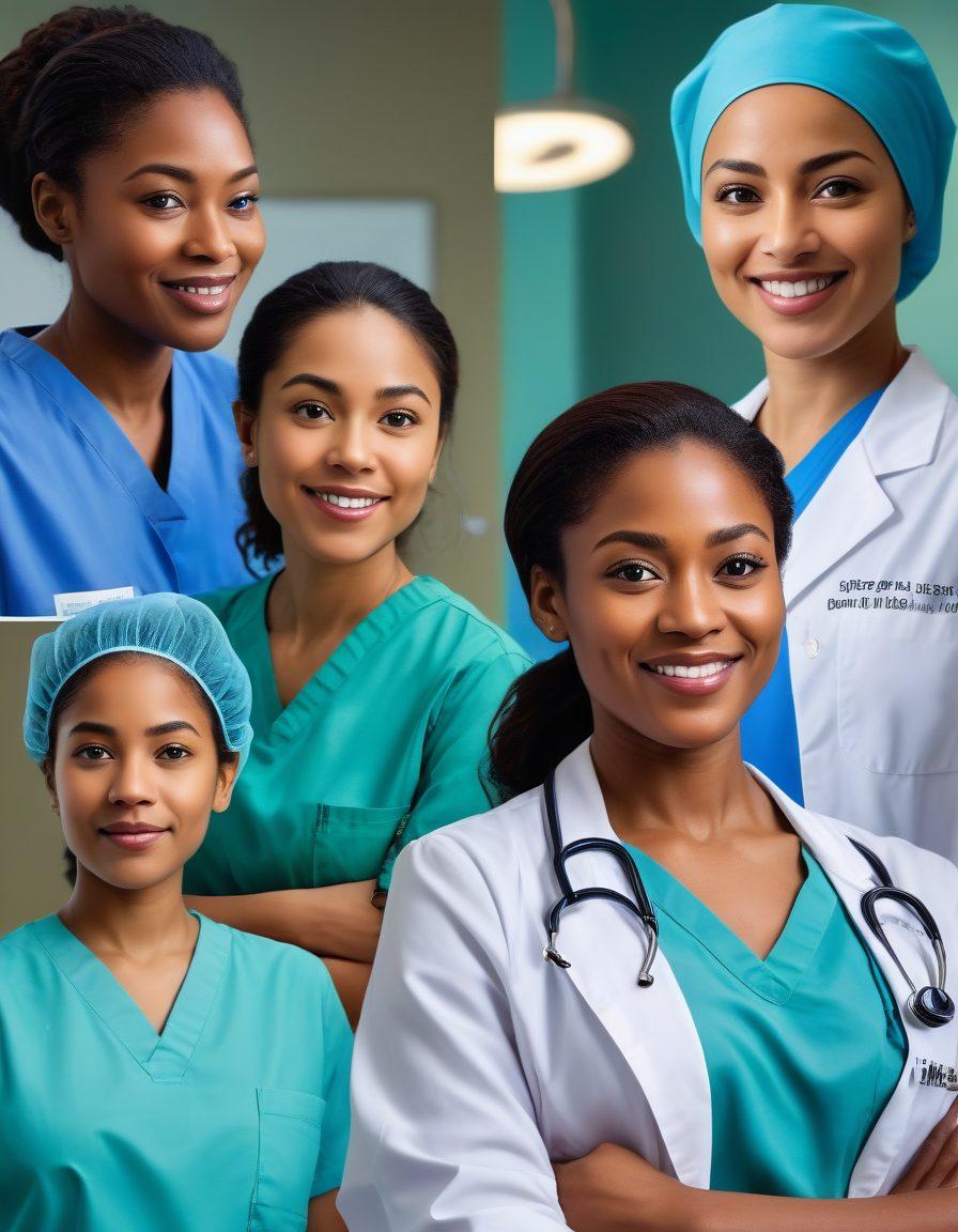 A dynamic collage featuring diverse female doctors in action: a confident African-American doctor examining a patient, a Middle-Eastern physician consulting with a child, and an Asian female surgeon in an operating room. Each woman exudes strength and compassion, set against a backdrop of a vibrant hospital environment, symbolizing empowerment and dedication. bright colors. super-realistic.
